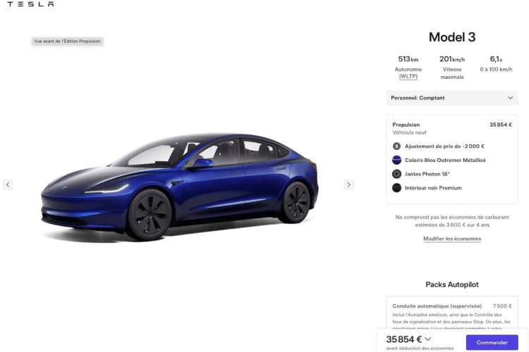 La Tesla Model 3 Propulsion à prix choc : seulement 35 854 € en France !